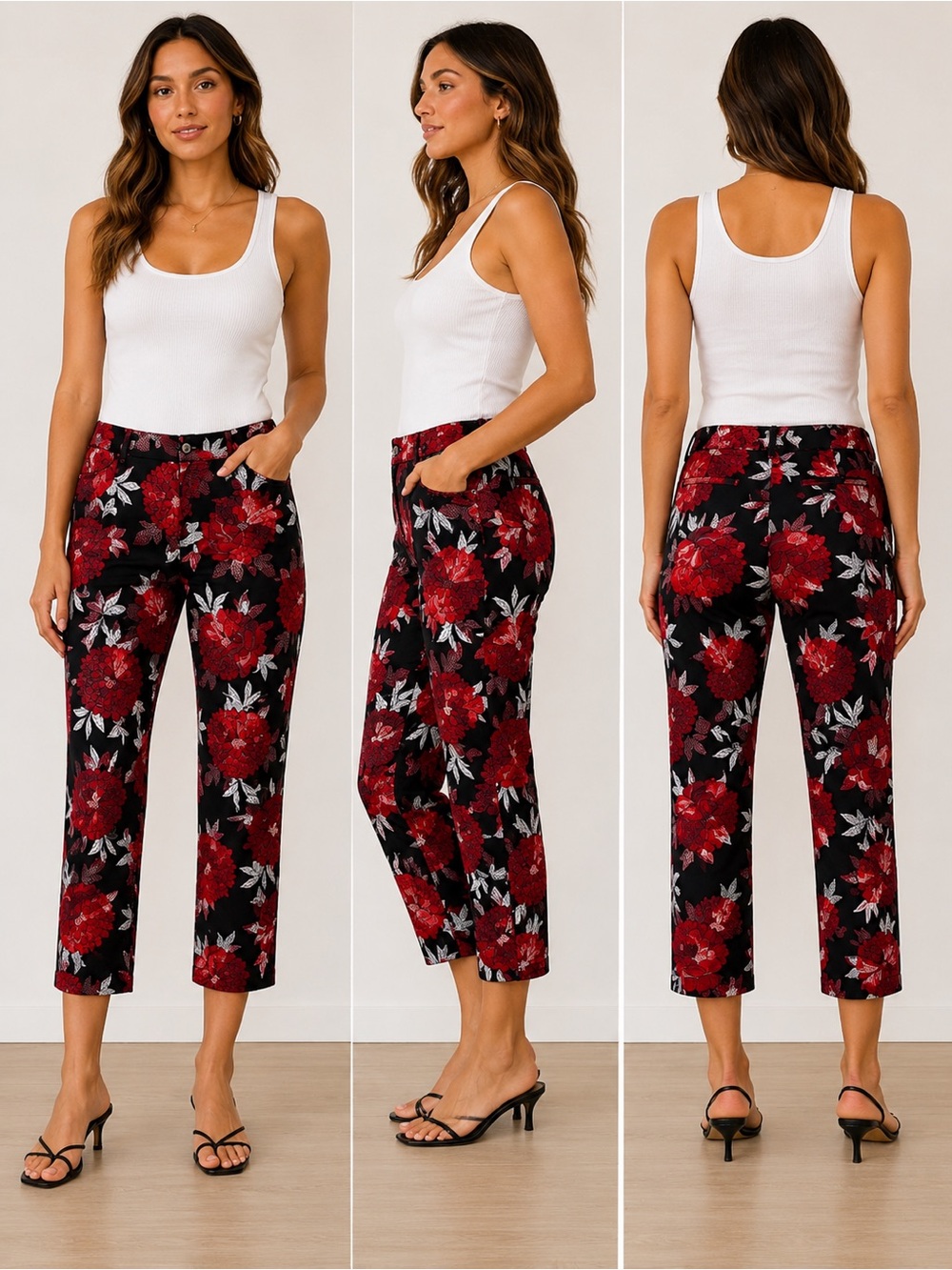 Le Château Black and Red Floral Ponte Pants NWOT